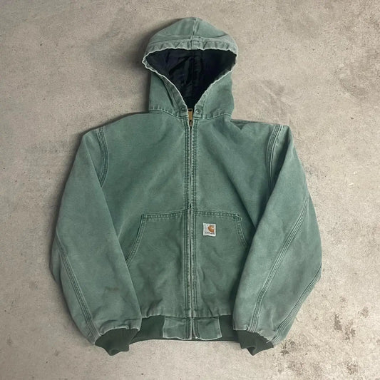90s Carhartt Pistachio Green Hooded Canvas Jacket – Thermal Lined (M)
