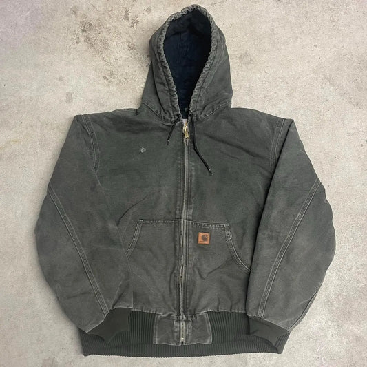 Y2K Carhartt Green Hooded Canvas Jacket – Thermal Lined (XL)
