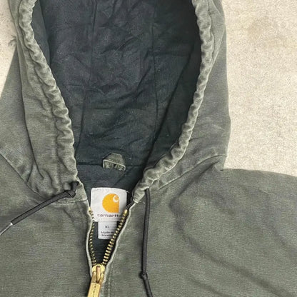 Y2K Carhartt Green Hooded Canvas Jacket – Thermal Lined (XL)